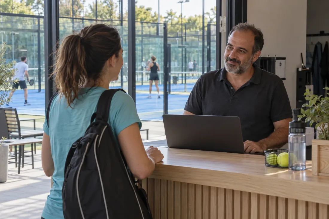 Le responsable d'un club de padel accueille une joueuse à l'accueil, devant les terrains.
