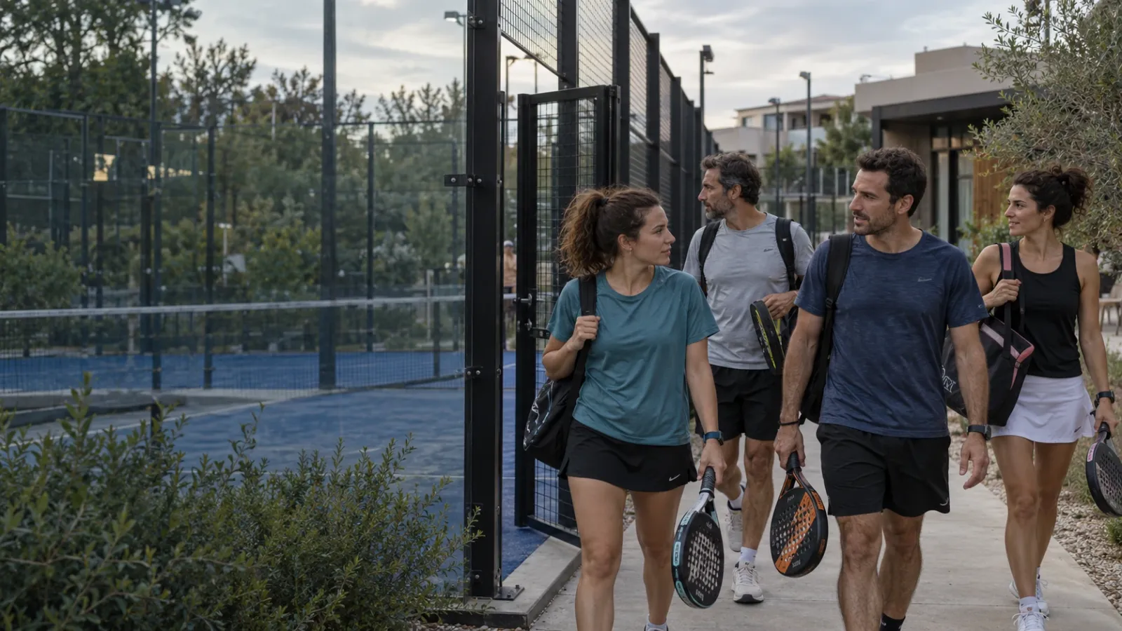 Four friends carrying sports bags and padel rackets walk beside a padel court.