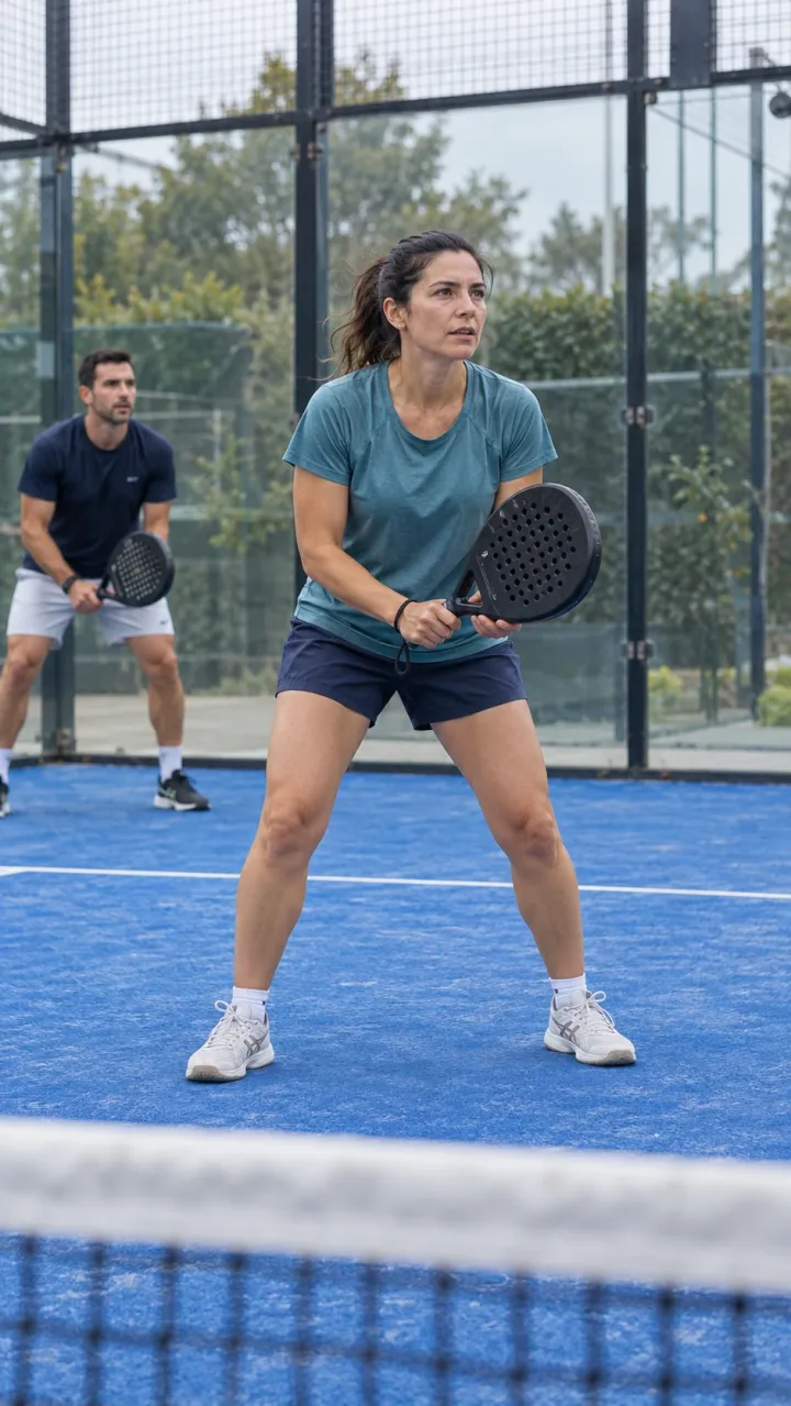 A padel player holds her racket in a ready position, with her partner further back on court.