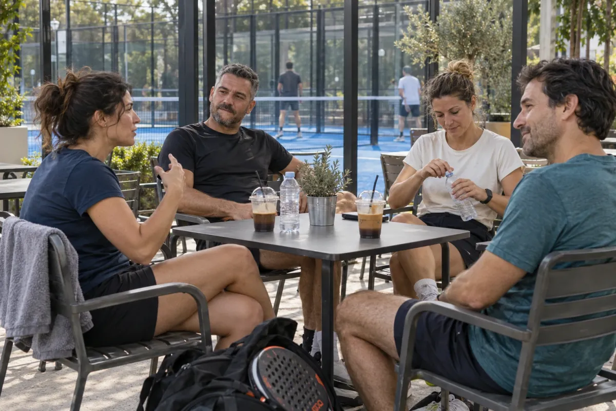 Four padel players chat around a table with coffees and water beside the court.